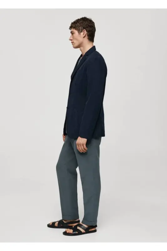 Dar kesim keten-pamuk karışımlı blazer ceket - Lacivert - 8
