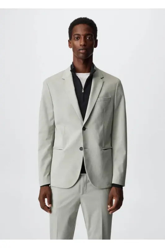 Dar Kesim Pamuklu Blazer Ceket - Buz Grisi - MANGO MAN
