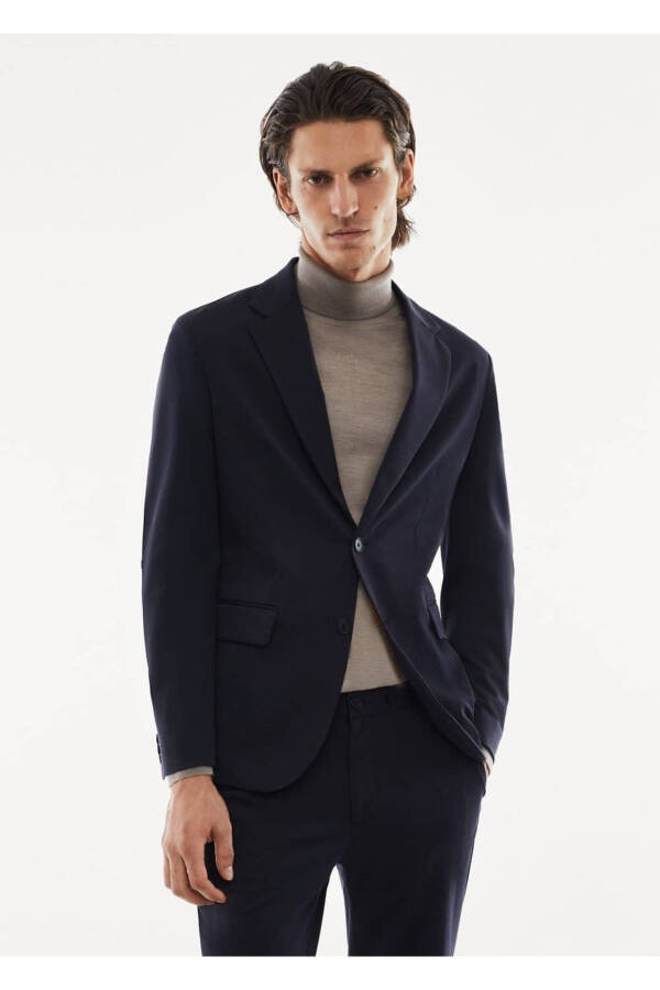 Dar Kesim Streç Blazer Ceket - Lacivert - 1