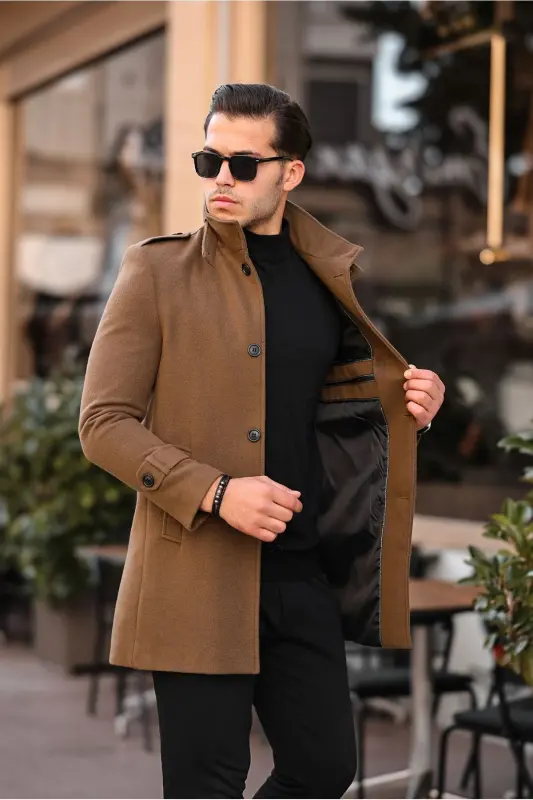 Erkek Dar Kesim Uzun Kaşe Kaban - KAHVERENGİ - 4