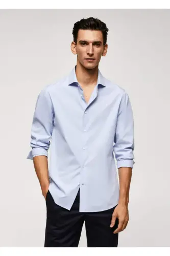 Dar kesimli %100 pamuklu gömlek-Gök Mavisi - 1