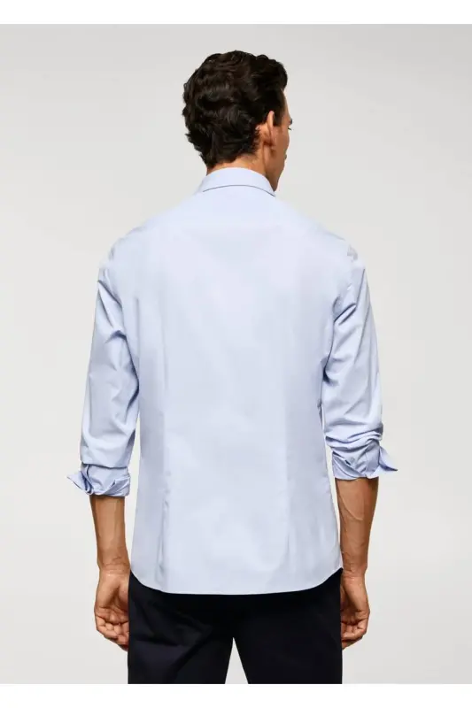 Dar kesimli %100 pamuklu gömlek-Gök Mavisi - 4