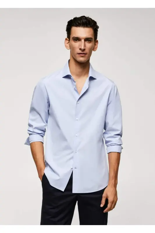 Dar kesimli %100 pamuklu gömlek-Gök Mavisi - 1