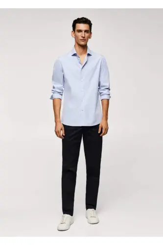 Dar kesimli %100 pamuklu gömlek-Gök Mavisi - 2