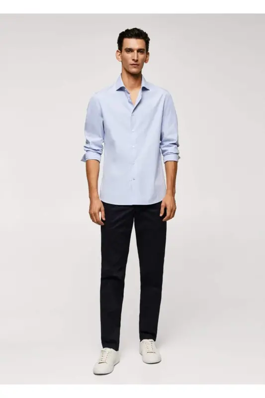 Dar kesimli %100 pamuklu gömlek-Gök Mavisi - 2