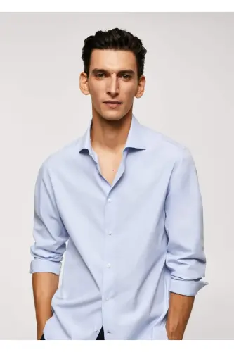 Dar kesimli %100 pamuklu gömlek-Gök Mavisi - 7