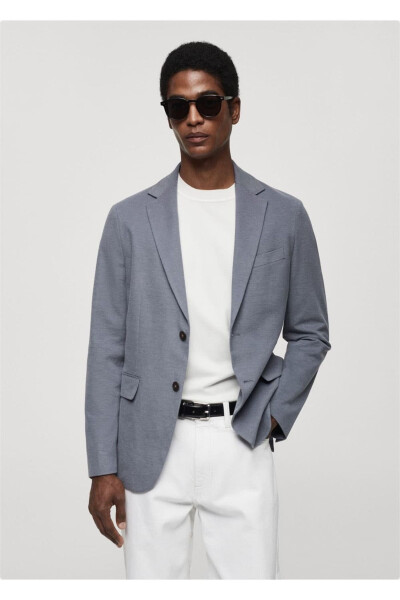 Dar kesimli kalıplı pamuklu blazer ceket-Mavi - 1