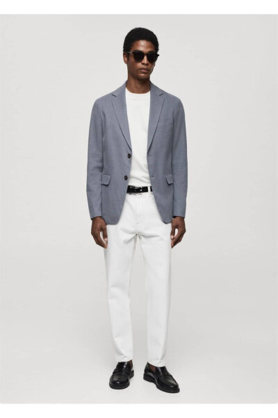 Dar kesimli kalıplı pamuklu blazer ceket-Mavi - 2