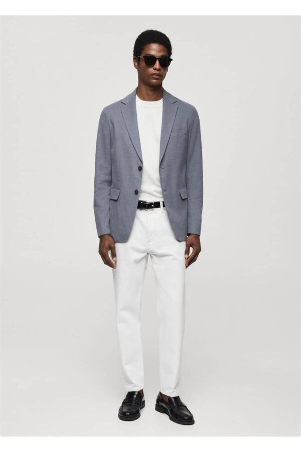 Dar kesimli kalıplı pamuklu blazer ceket-Mavi - 2