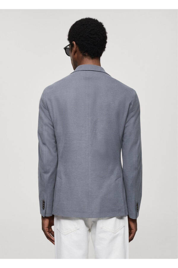 Dar kesimli kalıplı pamuklu blazer ceket-Mavi - 4