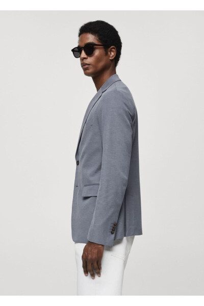 Dar kesimli kalıplı pamuklu blazer ceket-Mavi - 7