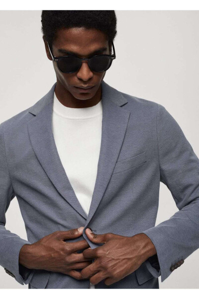 Dar kesimli kalıplı pamuklu blazer ceket-Mavi - 8