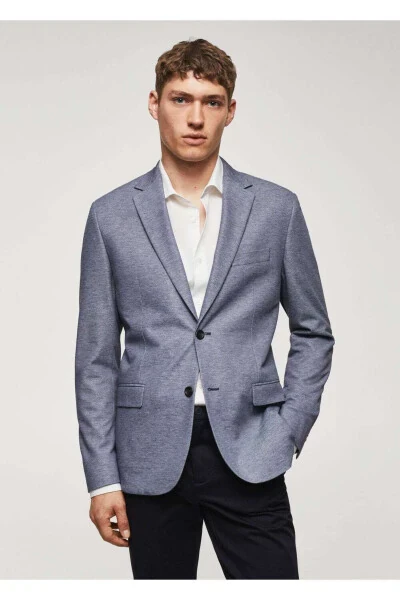 Dar kesimli mini dokuma blazer ceket-Mavi - 1