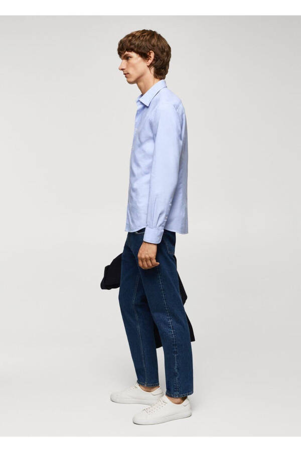 Dar kesimli pamuklu Oxford gömlek-Gök Mavisi - 7
