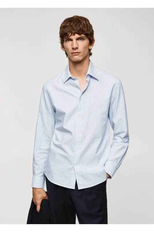 Dar kesimli pamuklu Oxford gömlek-Mavi - MANGO MAN