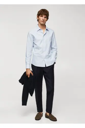Dar kesimli pamuklu Oxford gömlek-Mavi - 2