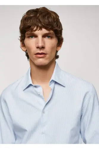 Dar kesimli pamuklu Oxford gömlek-Mavi - 6