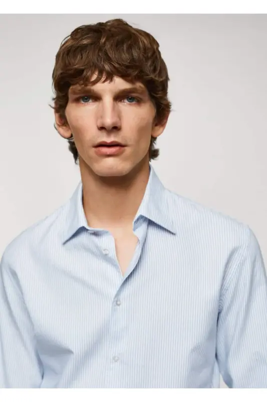 Dar kesimli pamuklu Oxford gömlek-Mavi - 6