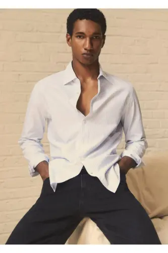 Dar kesimli pamuklu Oxford gömlek-Mavi - 8