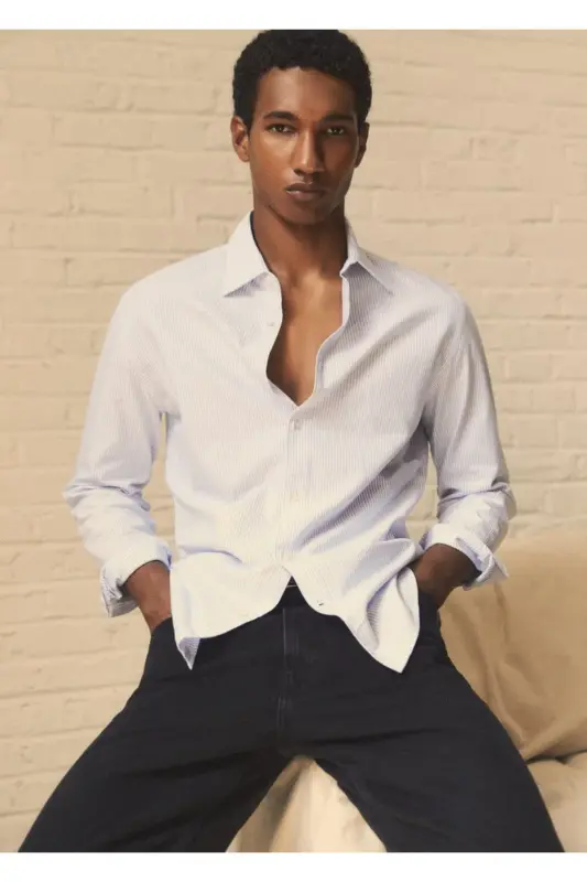 Dar kesimli pamuklu Oxford gömlek-Mavi - 8