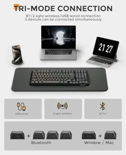 DAREU EK98PRO Wireless Mechanical Keyboard, Gasket Hot Swappable Custom, Pre-lubed Linear Switches, Side Printed PBT Keycaps, BT5.0/2.4GHz/USB-C, RGB Backlit Gaming Keyboard for Win/Mac - 5