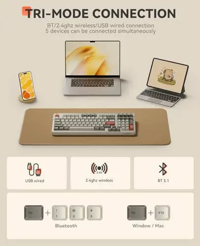 DAREU EK98pro Wireless Mechanical Keyboard,Tri-Mode BT/2.4GHz/USB-C Creamy Gaming Keyboard with Number Pad,Pre-lubed Linear Switches,Gasket Structure,Hot Swappable Custom,RGB Backlit for Win/Mac - 3