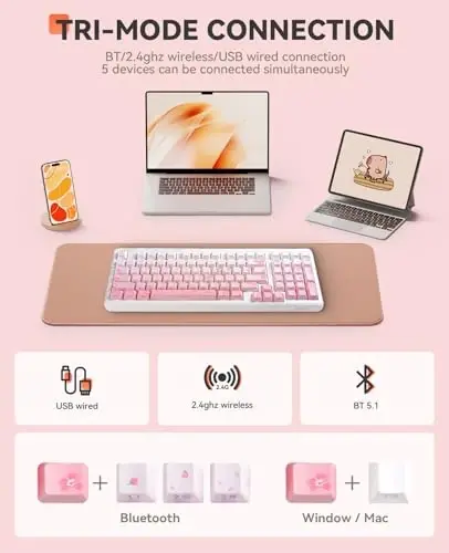 DAREU EK98pro Sakura Pink Wireless Mechanical Keyboard,Tri-Mode BT/2.4GHz/USB-C Creamy Gaming Keyboard with Number Pad,Gasket Structure,Hot Swappable Custom,RGB Backlit for Win/Mac - 3
