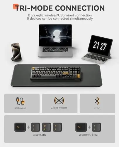 DAREU EK98pro simsiz mexanik klaviatura, 96% kremli oʻyin klaviaturasi raqamli panel bilan, Tri-Mode BT/2.4GHz/USB-C, oldindan moylangan chiziqli kommutatorlar, qistirma tuzilishi, issiq almashtiriladigan maxsus, Win/Mac uchun yoritilgan - 3