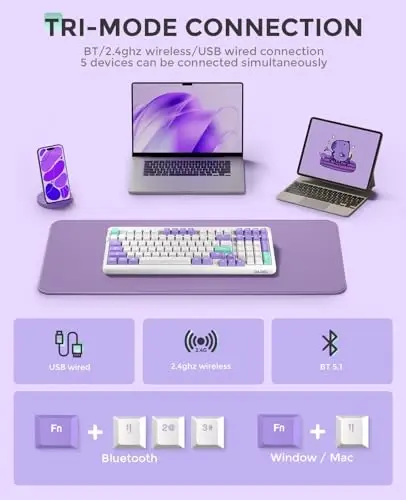 DAREU EK98pro simsiz mexanik klaviatura, Gasket issiq almashtiriladigan maxsus tuzilma, krem bilan oldindan moylangan chiziqli kalitlar, PBT kalpaklar, BT5.0/2.4GHz/USB-C, Win/Mac uchun RGB yoritilgan oʻyin klaviaturasi - 3