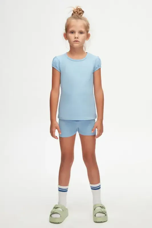 Dark Blue Basic Girl's Crew Neck Watermelon Sleeve T-shirt - SKY BLUE - 1