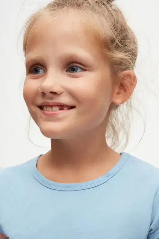 Dark Blue Basic Girl's Crew Neck Watermelon Sleeve T-shirt - SKY BLUE - 3