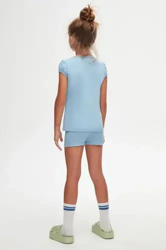 Dark Blue Basic Girl's Crew Neck Watermelon Sleeve T-shirt - SKY BLUE - 4