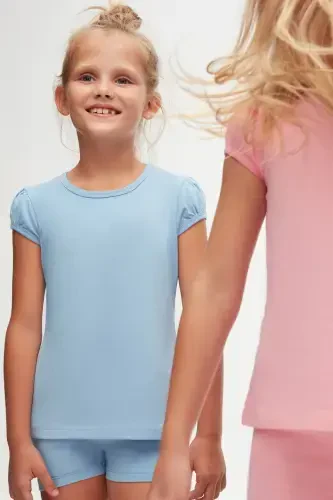 Dark Blue Basic Girl's Crew Neck Watermelon Sleeve T-shirt - SKY BLUE - 5