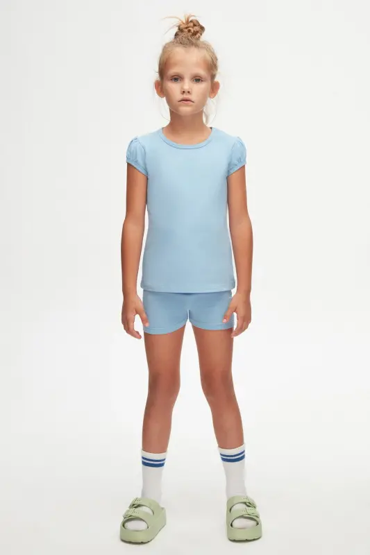 Dark Blue Basic Girl's Crew Neck Watermelon Sleeve T-shirt - SKY BLUE - LOVETTI