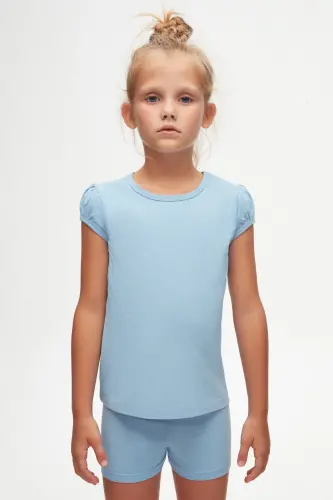 Dark Blue Basic Girl's Crew Neck Watermelon Sleeve T-shirt - SKY BLUE - LOVETTI (1)