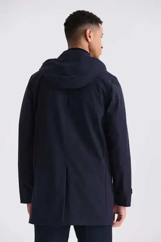 Dark Blue Comfort Fit Hooded Concealed Zip Classic Model Coat - 1