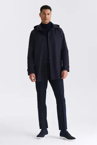 Dark Blue Comfort Fit Hooded Concealed Zip Classic Model Coat - 3
