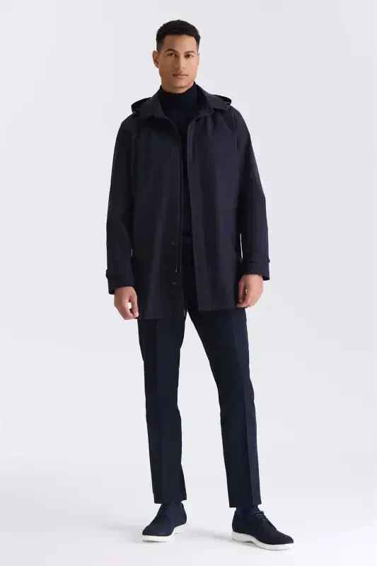 Dark Blue Comfort Fit Hooded Concealed Zip Classic Model Coat - 3