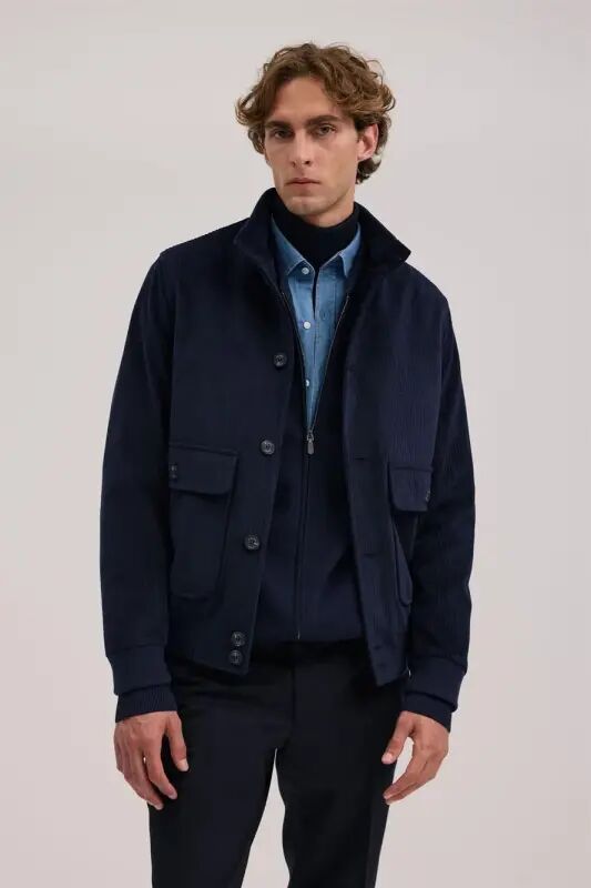 Dark Blue Comfort Fit Mandarin Collar Velvet Coat - 1