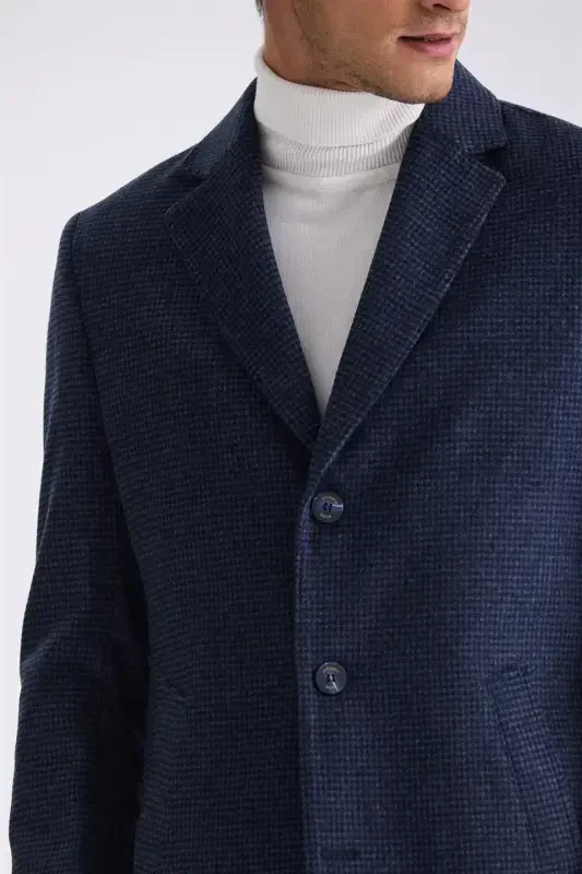 Dark Blue Comfort Fit Mono Collar Patterned Plaid Cashmere Coat - 3