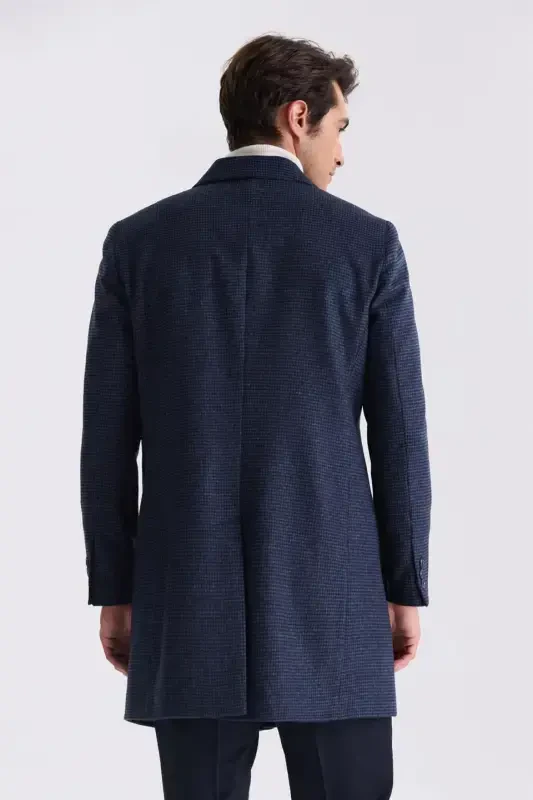 Dark Blue Comfort Fit Mono Collar Patterned Plaid Cashmere Coat - 4