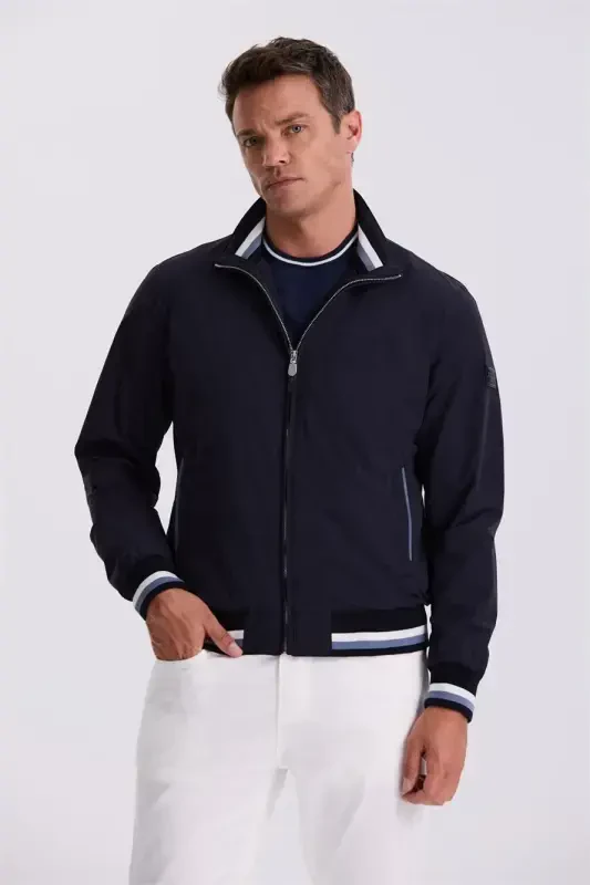 Dark Blue Comfort Fit Stand Collar Casual Style Seasonal Jacket - 2