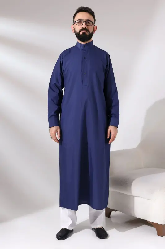 Dark Blue Men's Plane Tree Hajj and Umrah Outfit Long Dagron Fabric Dress - IHVAN ONLINE