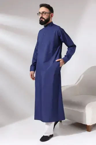 Dark Blue Men's Plane Tree Hajj and Umrah Outfit Long Dagron Fabric Dress - IHVAN ONLINE (1)