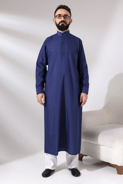 Dark Blue Men's Plane Tree Hajj and Umrah Outfit Long Dagron Fabric Dress - 1