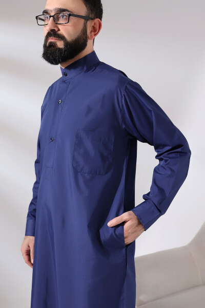 Dark Blue Men's Plane Tree Hajj and Umrah Outfit Long Dagron Fabric Dress - 3