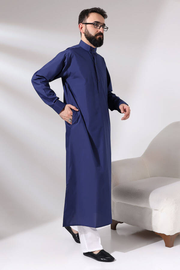 Dark Blue Men's Plane Tree Hajj and Umrah Outfit Long Dagron Fabric Dress - 4