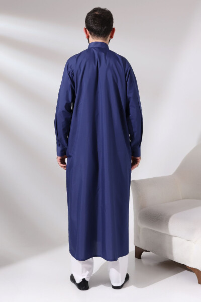 Dark Blue Men's Plane Tree Hajj and Umrah Outfit Long Dagron Fabric Dress - 5