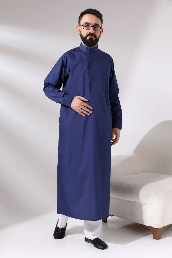 Dark Blue Men's Plane Tree Hajj and Umrah Outfit Long Dagron Fabric Dress - 6