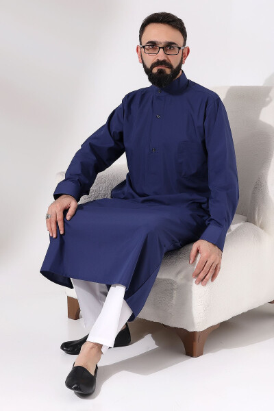 Dark Blue Men's Plane Tree Hajj and Umrah Outfit Long Dagron Fabric Dress - 7